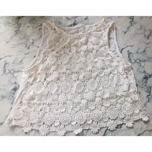 BCNU Small Junior Tank Top White Crochet Lace Floral Boho Festival Coquette READ